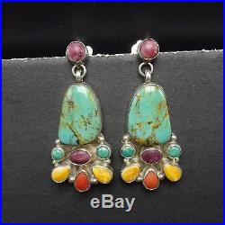 Signed Vintage NAVAJO Sterling Silver & TURQUOISE Spiny Oyster Shell EARRINGS