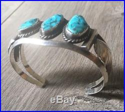 Signed Vintage Navajo Kingman Turquoise & Sterling Silver Row Cuff Bracelet