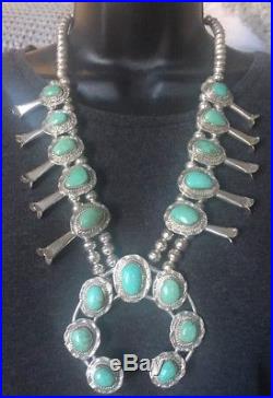 Signed/stamped 24 Navajo Turquoise & Sterling Silver Squash Blossom Necklace