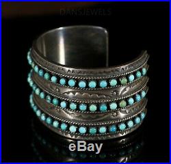 Solid Heavy Old Pawn Vintage 3 Row Navajo Sterling Snake Eye Turquoise Bracelet