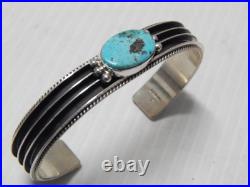 Solid + Heavy Vintage Signed Navajo Indian Sterling Silver Turquoise Bracelet