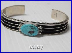 Solid + Heavy Vintage Signed Navajo Indian Sterling Silver Turquoise Bracelet