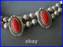 Southwestern Native American Navajo Coral Sterling Silver Bead Necklace