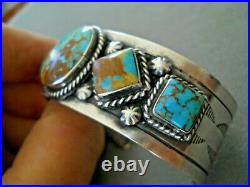 Southwestern Native American Navajo Turquoise Row Sterling Silver Cuff Bracelet