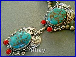 Southwestern Native American Turquoise Coral Sterling Silver Bead Necklace
