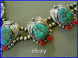 Southwestern Native American Turquoise Coral Sterling Silver Bead Necklace