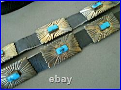 Southwestern Native American Turquoise Sterling Silver Etched Concho Belt
