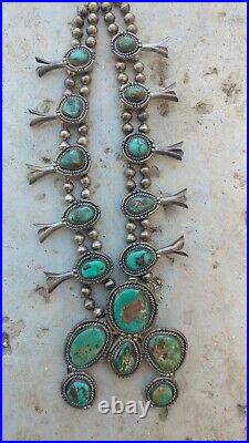 Southwestern Navajo Royston Turquoise Sterling Silver Squash Blossom Necklace