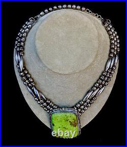 Spectacular STERLING silver Navajo necklace with huge green GASPEITE pendant