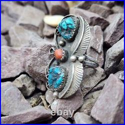 Spencer Signed Navajo Sterling Silver Turquoise Coral Ring Size 7.5