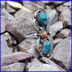 Spencer Signed Navajo Sterling Silver Turquoise Coral Ring Size 7.5