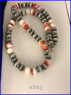 Spiny Oyster Navajo Sterling Silver Beads Necklace 21 8533