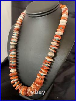 Spiny Oyster & Turquoise Graduated Navajo Sterling Silver Necklace 22 10643