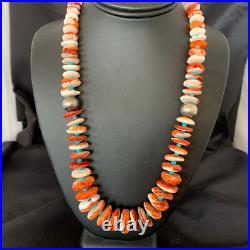 Spiny Oyster & Turquoise Graduated Navajo Sterling Silver Necklace 22 10643
