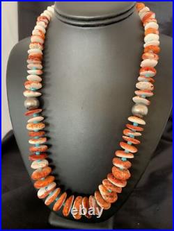 Spiny Oyster & Turquoise Graduated Navajo Sterling Silver Necklace 22 10643