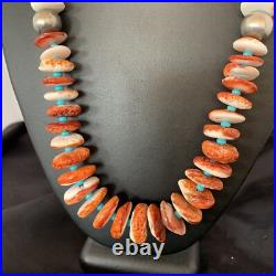 Spiny Oyster & Turquoise Graduated Navajo Sterling Silver Necklace 22 10643