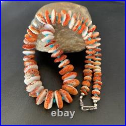 Spiny Oyster & Turquoise Graduated Navajo Sterling Silver Necklace 22 10643