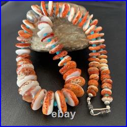 Spiny Oyster & Turquoise Graduated Navajo Sterling Silver Necklace 22 10643