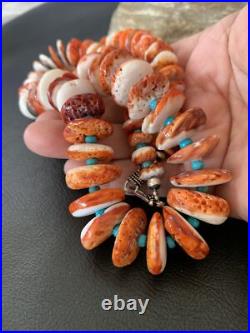 Spiny Oyster & Turquoise Graduated Navajo Sterling Silver Necklace 22 10643