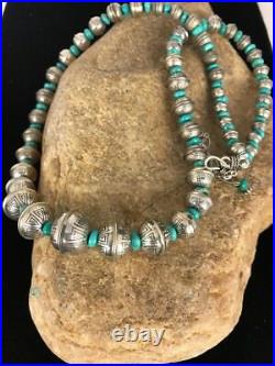 Stamp Bench Navajo Pearls Graduated Sterling Silver Turquoise Bead Necklace 22