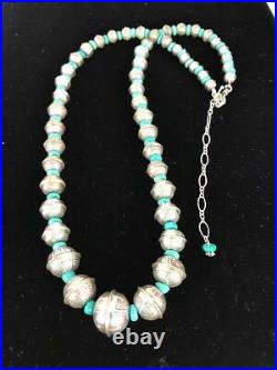 Stamp Bench Navajo Pearls Graduated Sterling Silver Turquoise Bead Necklace 22
