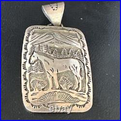 Stamped Horse Pendant Navajo Sterling Silver Necklace 2.5 15171