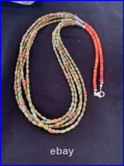 Sterling Silver Graduated Turquoise Spiny Bead 3 Strand Necklace Pendant 00577