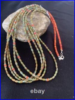 Sterling Silver Graduated Turquoise Spiny Bead 3 Strand Necklace Pendant 00577
