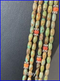 Sterling Silver Graduated Turquoise Spiny Bead 3 Strand Necklace Pendant 00577
