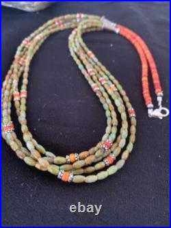 Sterling Silver Graduated Turquoise Spiny Bead 3 Strand Necklace Pendant 00577