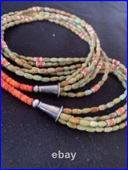 Sterling Silver Graduated Turquoise Spiny Bead 3 Strand Necklace Pendant 00577