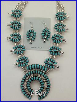 Sterling Silver Navajo Handmade Cluster Turquoise Squash Blossom Necklace Set