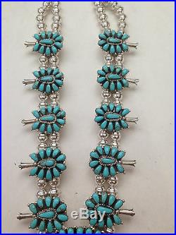 Sterling Silver Navajo Handmade Cluster Turquoise Squash Blossom Necklace Set