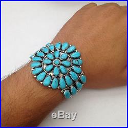 Sterling Silver Navajo Handmade Large Cluster Turquoise & Coral Cuff Bracelet