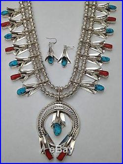 Sterling Silver Navajo Handmade Turquoise and Coral Squash Blossom Necklace Set