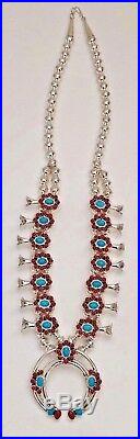 Sterling Silver Navajo Natural Turquoise & Coral Squash Blossom Necklace Set