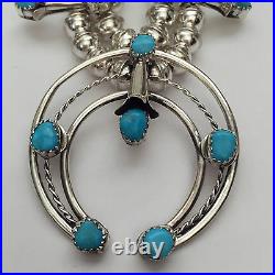 Sterling Silver Navajo Round Oval Double Turquoise Squash Blossom Necklace Set