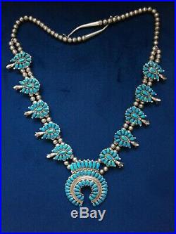 Sterling Silver Navajo Turquoise Squash Blossom Necklace