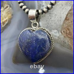 Sterling Silver Southwestern Style Lapis Heart Shape Pendant For Women