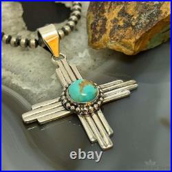 Sterling Silver Southwestern Style Round Mohave Turquoise Unisex Zia Pendant #2