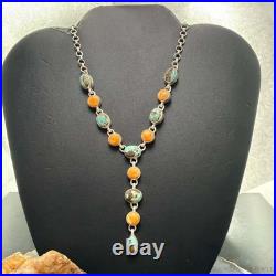 Sterling Silver Southwestern Style Turquoise & Spiny Oyster Lariat 24 Necklace