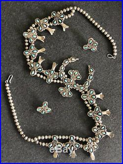 Sterling Silver & Turquoise Native American Squash Blossom Necklace&Earrings Set