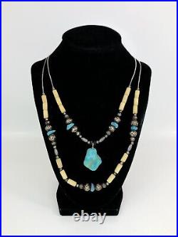Sterling Silver Turquoise & White Beads Necklace Double Strand Beaded Navajo