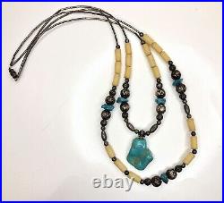 Sterling Silver Turquoise & White Beads Necklace Double Strand Beaded Navajo