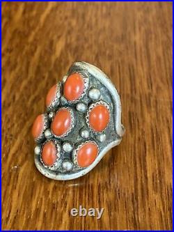 Stunning Huge Navajo 7-Stone Coral Ring Sterling Silver 8.5 Old