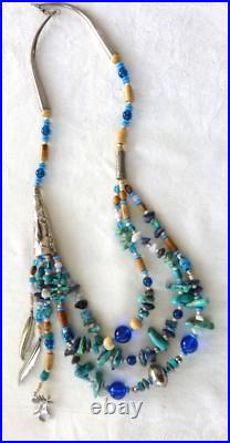 Stunning Navajo'Sky Spirit' Necklace 28 Turquoise Glass 925 Sterling Silver