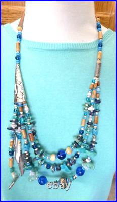 Stunning Navajo'Sky Spirit' Necklace 28 Turquoise Glass 925 Sterling Silver