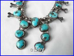Stunning Old Pawn Navajo Sterling Kingman Turquoise Squash Blossom Necklace140g