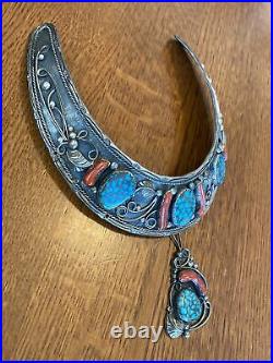 Stunning Vintage Navajo Sterling Silver Collar 1970s Turquoise Coral Signed