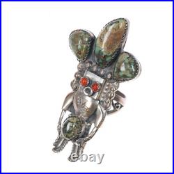 Sz7.5 Jerry Roan Navajo Sterling silver Kachina ring Variscite coral eyes